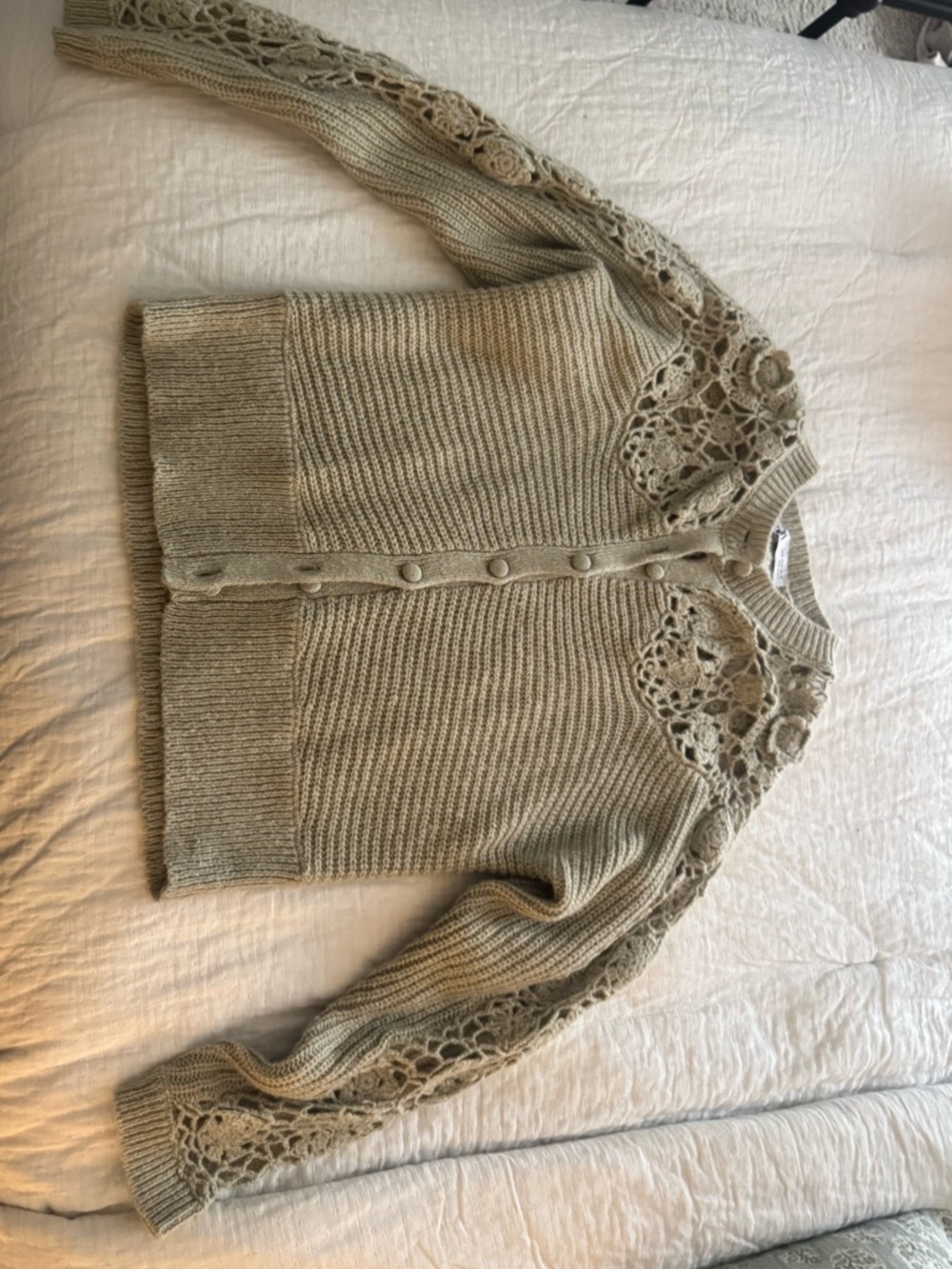 Zara Crochet-Yoke Button Cardigan - Beige